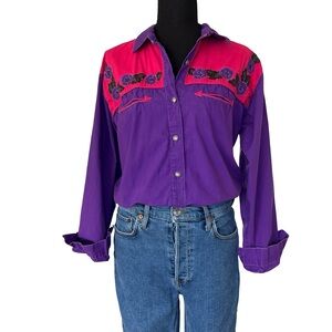 Vintage 90s Rodeo Western Wear Purple and Pink Button up Cotton Shirt -Size L